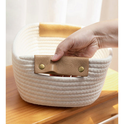 Cotton Woven Basket with PU Leather Handle, Clothes Toys Candy Gifts Cotton Rope Organizer, Living Room Basket Bathroom Shower Storage Laundry Basket, Dog Cat Bed, Fall Basket, 11.02x8.66x4.33 11.02" x 8.66" x 4.33" Coffee