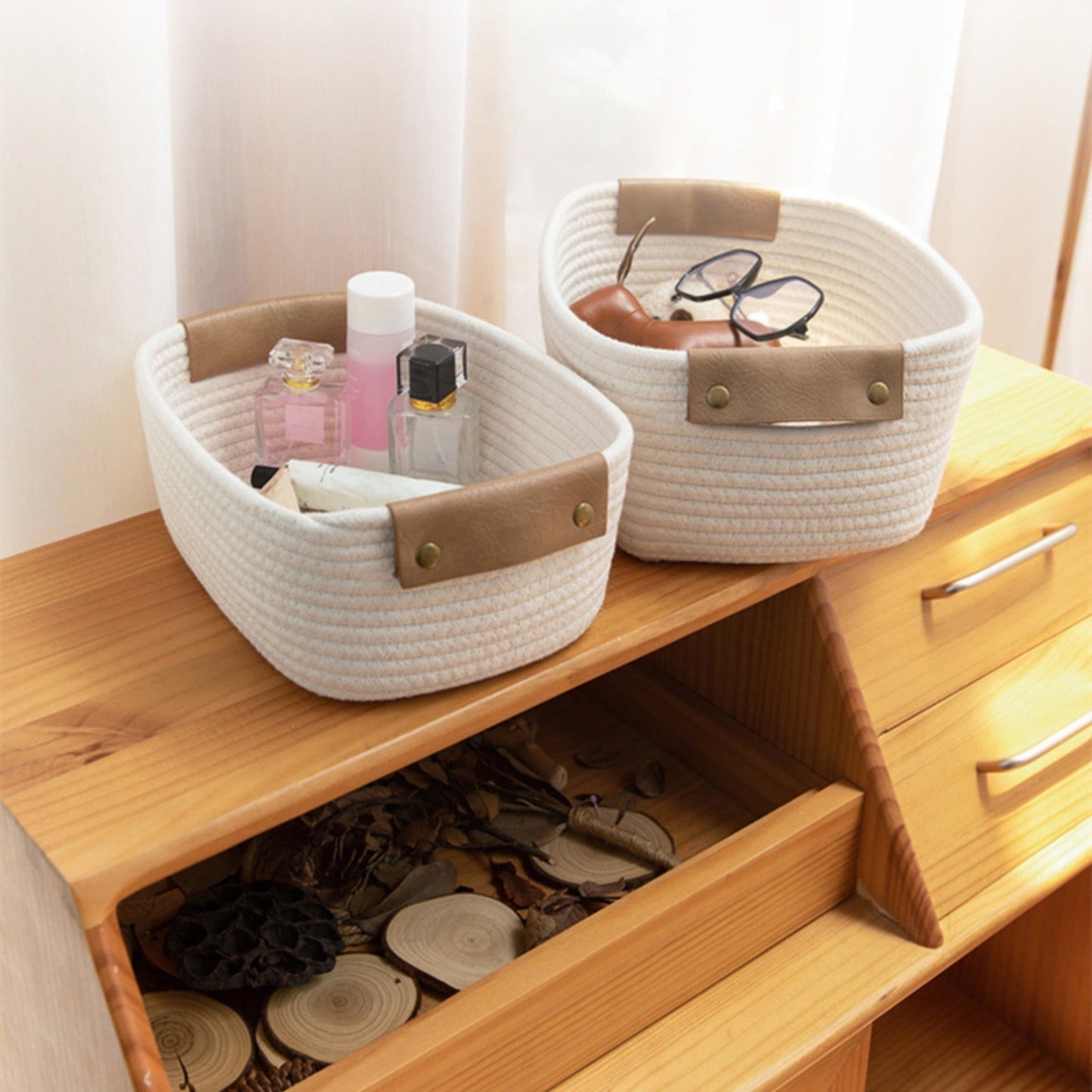 Cotton Woven Basket with PU Leather Handle, Clothes Toys Candy Gifts Cotton Rope Organizer, Living Room Basket Bathroom Shower Storage Laundry Basket, Dog Cat Bed, Fall Basket, 11.02x8.66x4.33 12.59" x 9.44" x 5.11" Coffee