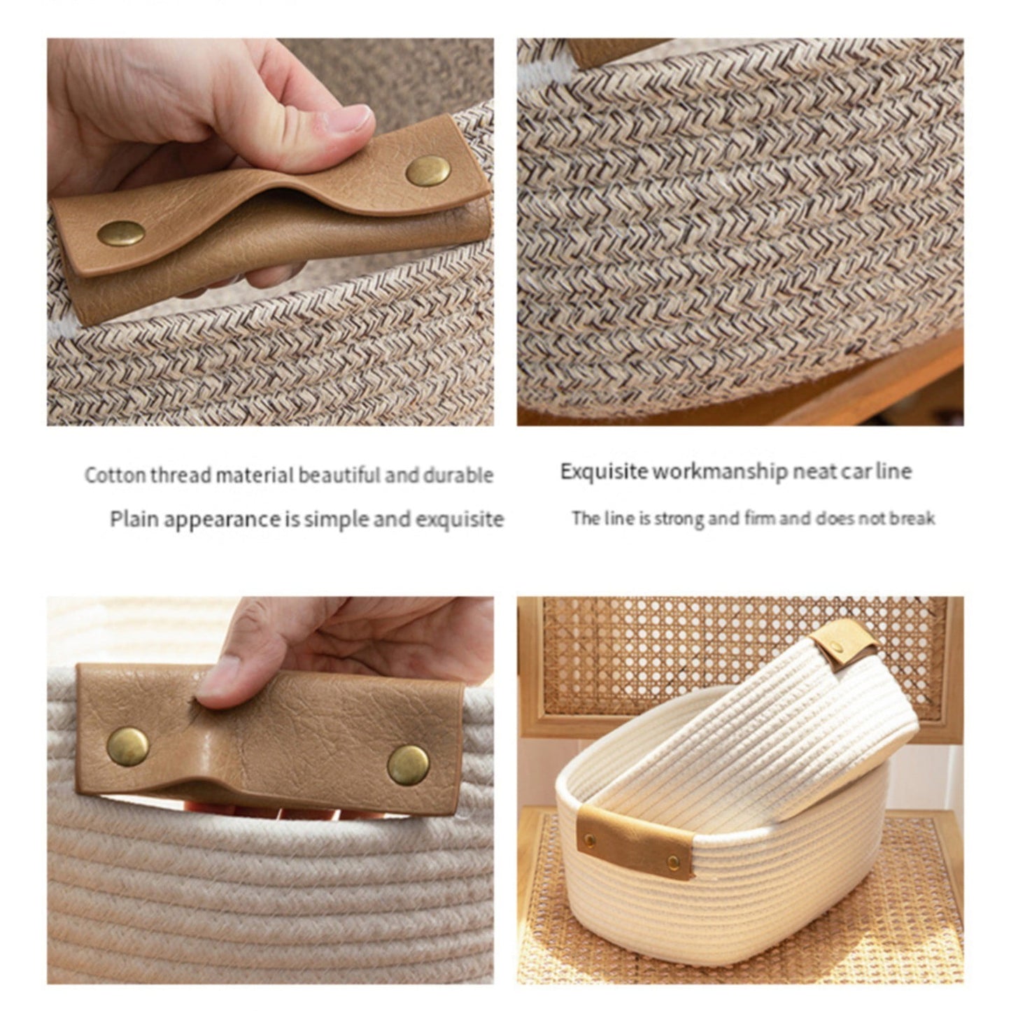 Cotton Woven Basket with PU Leather Handle, Clothes Toys Candy Gifts Cotton Rope Organizer, Living Room Basket Bathroom Shower Storage Laundry Basket, Dog Cat Bed, Fall Basket, 11.02x8.66x4.33 12.59" x 9.44" x 5.11" Coffee