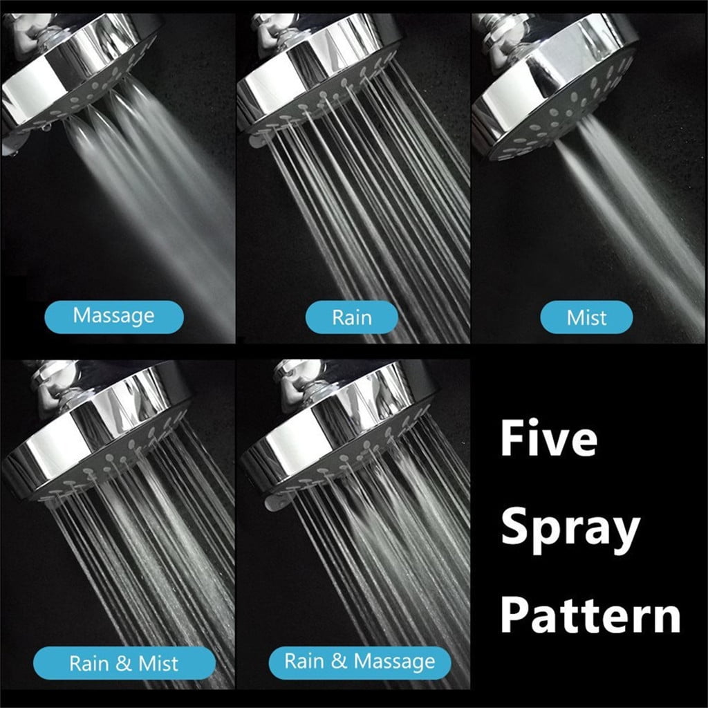 High Pressure Shower Head, Heavy Duty High Flow Pressure Rain, Fixed Showerhead 5-Setting with Bathroom Showerhead with Adjustable Brass Ball Joint, 1 Pcs, 4x3.25 4" x 3.25" Silver