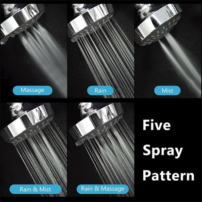 High Pressure Shower Head, Heavy Duty High Flow Pressure Rain, Fixed Showerhead 5-Setting with Bathroom Showerhead with Adjustable Brass Ball Joint, 1 Pcs, 4x3.25 4" x 3.25" Silver