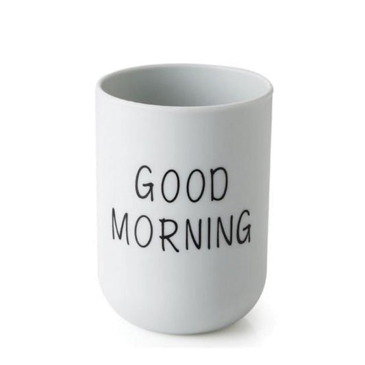 1PC Unbreakable Plastic Bathroom Cup - 12oz Toothbrush Holder & Reusable Tumbler for Drinking & Mouthwash. Easy to Clean, Available in 5 Colors, Good Morning Printed(Black,2.5x2.5x3.5") Light blue