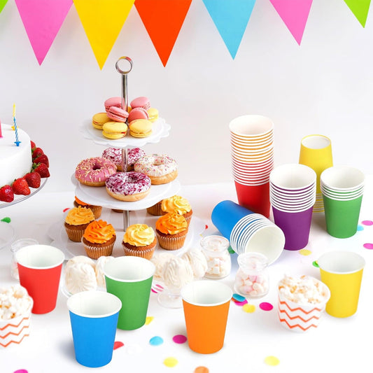 10 Pack Rainbow Paper Cups, 9oz Colored Party Cups Rainbow Paper Cups Bulk, Disposable Drinking Cups for Birthday Holiday Party Supplies Back To School Decorations, 15 Colors(White,3x3x3.3") Pink2