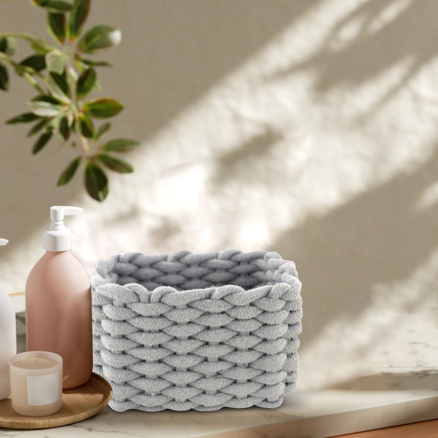 Small Cat Ears Toy Organizer, Woven Cotton Rope Basket, Decorative Nursery Bins & Boxes Gift Basket Empty for Pet Toy Storage, 1 Pcs, 7.8x3.93 8.66" x 5.91" x 5.51" Beige