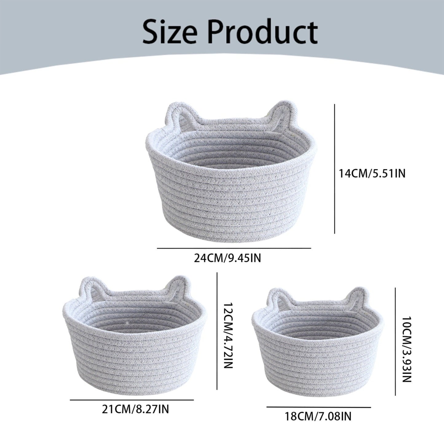 Small Cat Ears Toy Organizer, Woven Cotton Rope Basket, Decorative Nursery Bins & Boxes Gift Basket Empty for Pet Toy Storage, 1 Pcs, 7.8x3.93 8.27" x 4.72" Grey