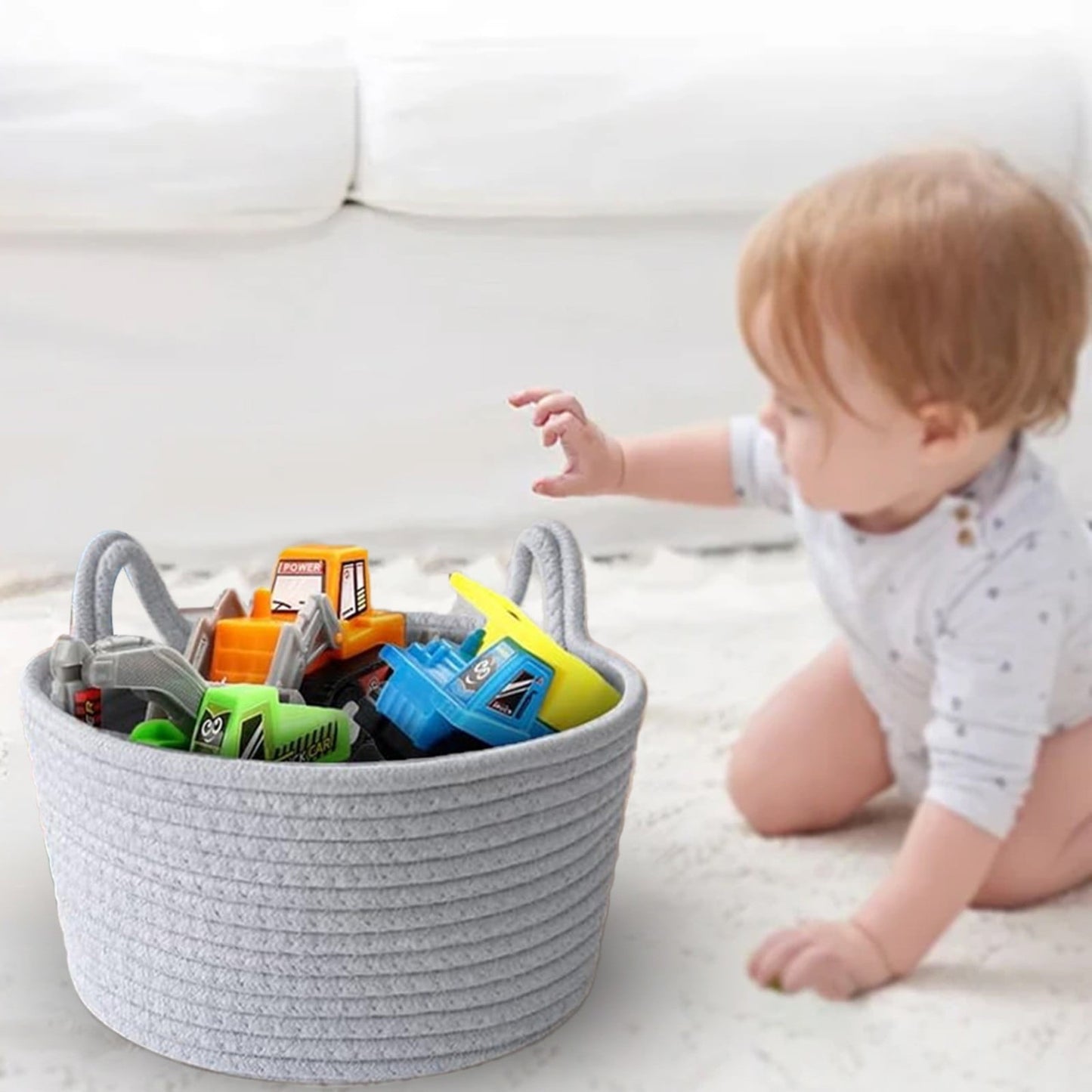 Small Cat Ears Toy Organizer, Woven Cotton Rope Basket, Decorative Nursery Bins & Boxes Gift Basket Empty for Pet Toy Storage, 1 Pcs, 7.8x3.93 8.27" x 4.72" Grey