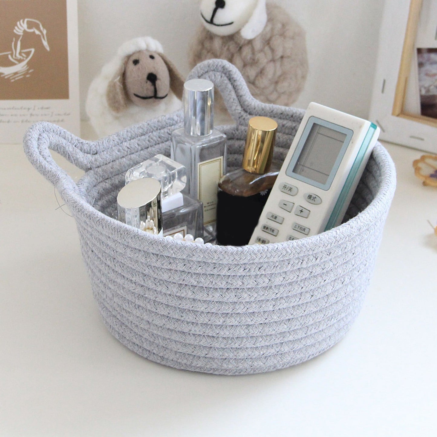 Small Cat Ears Toy Organizer, Woven Cotton Rope Basket, Decorative Nursery Bins & Boxes Gift Basket Empty for Pet Toy Storage, 1 Pcs, 7.8x3.93 8.27" x 4.72" Grey