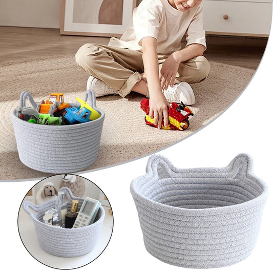 Small Cat Ears Toy Organizer, Woven Cotton Rope Basket, Decorative Nursery Bins & Boxes Gift Basket Empty for Pet Toy Storage, 1 Pcs, 7.8x3.93 13" x 5.9" x 4.0" Grey