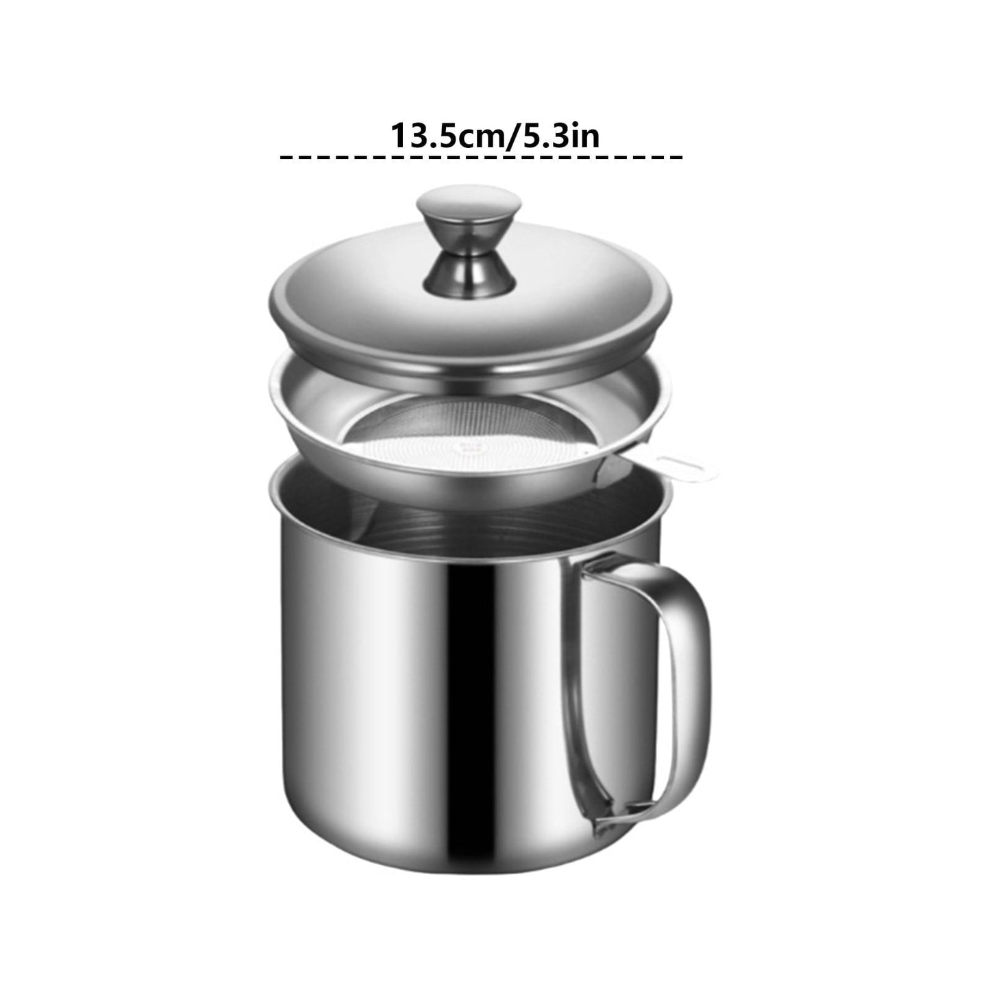 Bacon Grease Container With Strainer, Stainless Steel Oil Container, Pot Fat Storage With Lid, Easy Grip Handle Suitable For Storing Frying Oil And Cooking Grease, 1 Pcs, 5.3 Inches 5.3" Silver