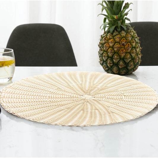 14 Inch Round Woven Placemats, Non Slip Heat Resistant Plastic Table Mats,Table Placemat For Household Use,Round Rattan Placemats Braided Cup Coasters For Drink Kitchen Dining Table Decoration,Brown White