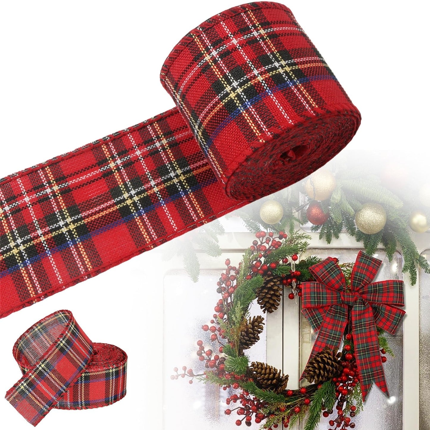 Christmas Red Plaid Ribbon,Wired Edge Wrapping Ribbons,Plaid Christmas Ribbon,Christmas Decorations,Tartan Decor For Gift Wrapping Xmas Crafts Wreath Diy Making Supplies Bow Decorations,Red Z_2PCSRed