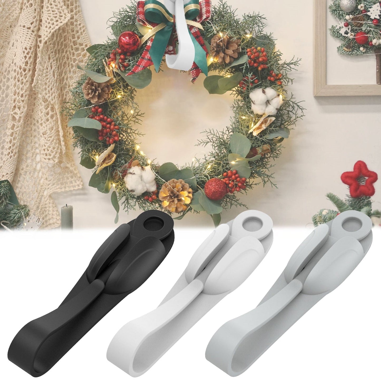 Christmas Garland Hooks,Wall Mounted Punch,Adhesive Removable Holder, Organizer Garland Straps for Mantle Adhesive Garland Hangers,For Mantle Christmas Garland Hooks,For Fireplace Bundler(White) Black