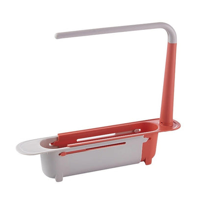 1 Pcs Telescopic Kitchen Over Sink Organizer With Towel Hanger,Expandable Dish Caddy Drying Rack,Drain Basket Tray Caddy,Adjustable Length Colander Rack Sponge Holder Storage Tray,Green Red