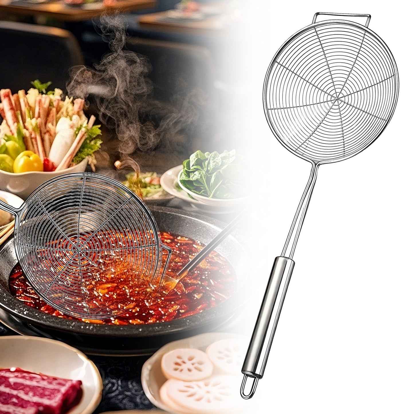 Strainer Spider Skimmers for Kitchen Cooking and Frying Food, Stainless Steel Slotted Spoon Pasta Strainers Tomato Food Strainer Skimmer Ladle For Pasta, 1 Pcs, 15.94x6.3 17.72" x 7.87" Silver