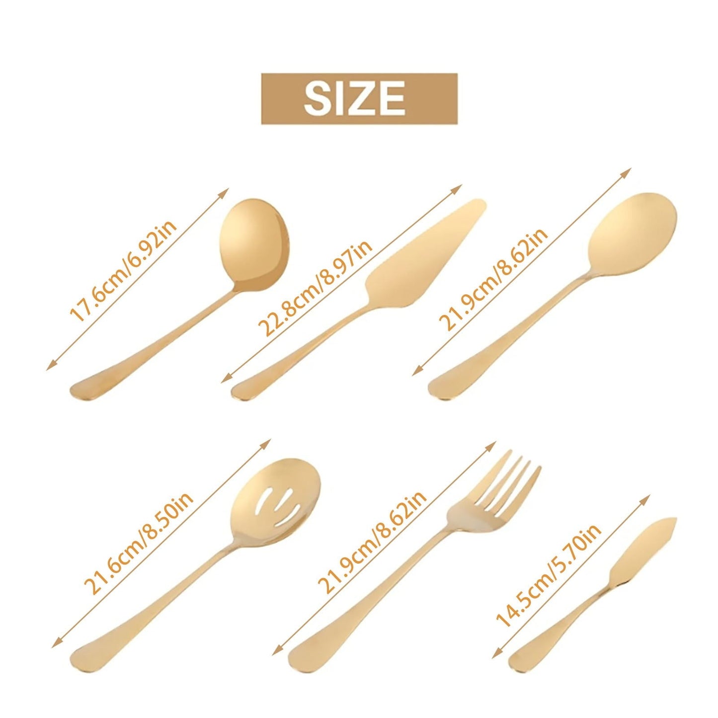 Stainless Steel Gold Serving Utensils Set of 6, Heavy Duty Metal Serving Spoons Slotted Spoons Forks Set for Catering Buffet Party Banquet Restaurant, Mirror Polish, Dishwasher Safe Multisize Gold