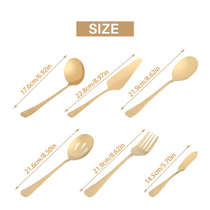 Stainless Steel Gold Serving Utensils Set of 6, Heavy Duty Metal Serving Spoons Slotted Spoons Forks Set for Catering Buffet Party Banquet Restaurant, Mirror Polish, Dishwasher Safe Multisize Gold