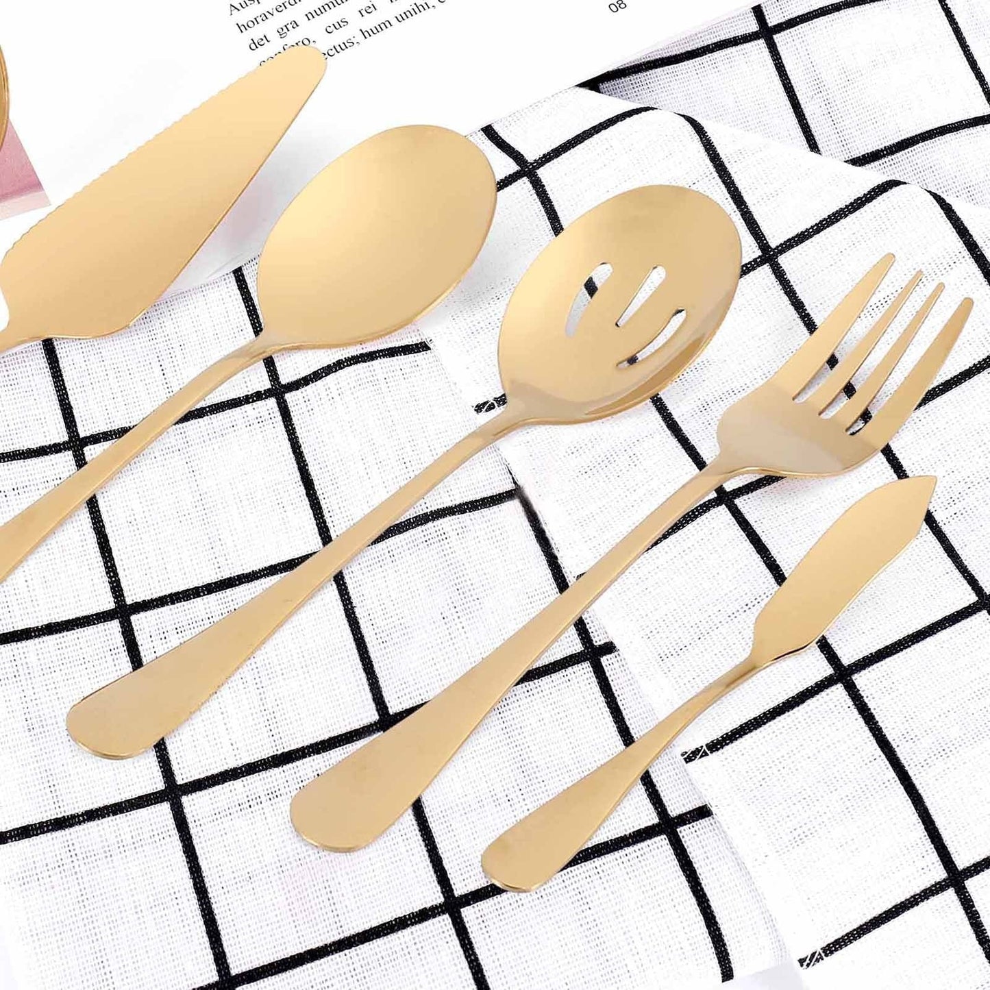 Stainless Steel Gold Serving Utensils Set of 6, Heavy Duty Metal Serving Spoons Slotted Spoons Forks Set for Catering Buffet Party Banquet Restaurant, Mirror Polish, Dishwasher Safe Multisize Gold