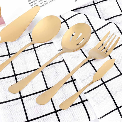 Stainless Steel Gold Serving Utensils Set of 6, Heavy Duty Metal Serving Spoons Slotted Spoons Forks Set for Catering Buffet Party Banquet Restaurant, Mirror Polish, Dishwasher Safe Multisize Gold