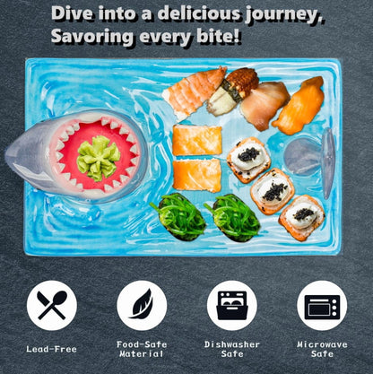 Creative Shark Sushi Plate,Blue Ceramic Shark Plate,Shark Shaped Serving Platter,Food Serving Tray with Dipping Sauce Bowl,Gifts for Shark Party Lovers,Microwave/Oven/Dishwasher Safe Sushi Dishes A