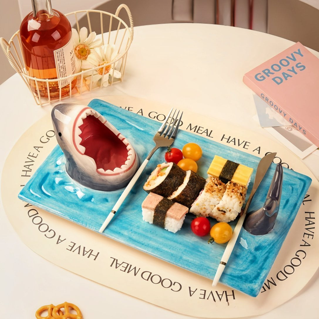 Creative Shark Sushi Plate,Blue Ceramic Shark Plate,Shark Shaped Serving Platter,Food Serving Tray with Dipping Sauce Bowl,Gifts for Shark Party Lovers,Microwave/Oven/Dishwasher Safe Sushi Dishes A