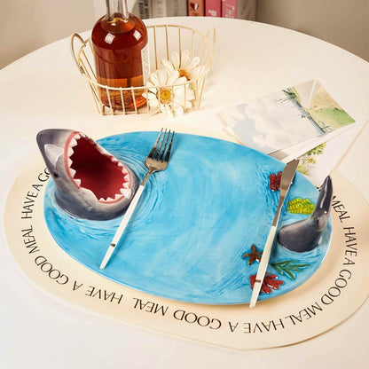 Creative Shark Sushi Plate,Blue Ceramic Shark Plate,Shark Shaped Serving Platter,Food Serving Tray with Dipping Sauce Bowl,Gifts for Shark Party Lovers,Microwave/Oven/Dishwasher Safe Sushi Dishes C