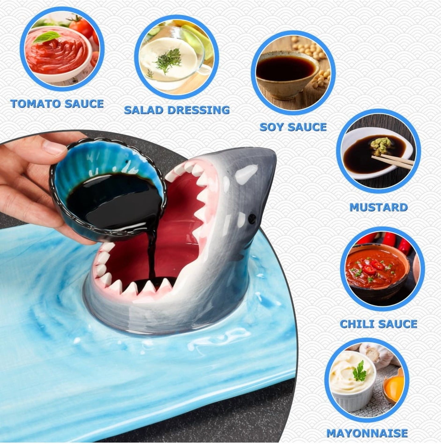 Creative Shark Sushi Plate,Blue Ceramic Shark Plate,Shark Shaped Serving Platter,Food Serving Tray with Dipping Sauce Bowl,Gifts for Shark Party Lovers,Microwave/Oven/Dishwasher Safe Sushi Dishes C