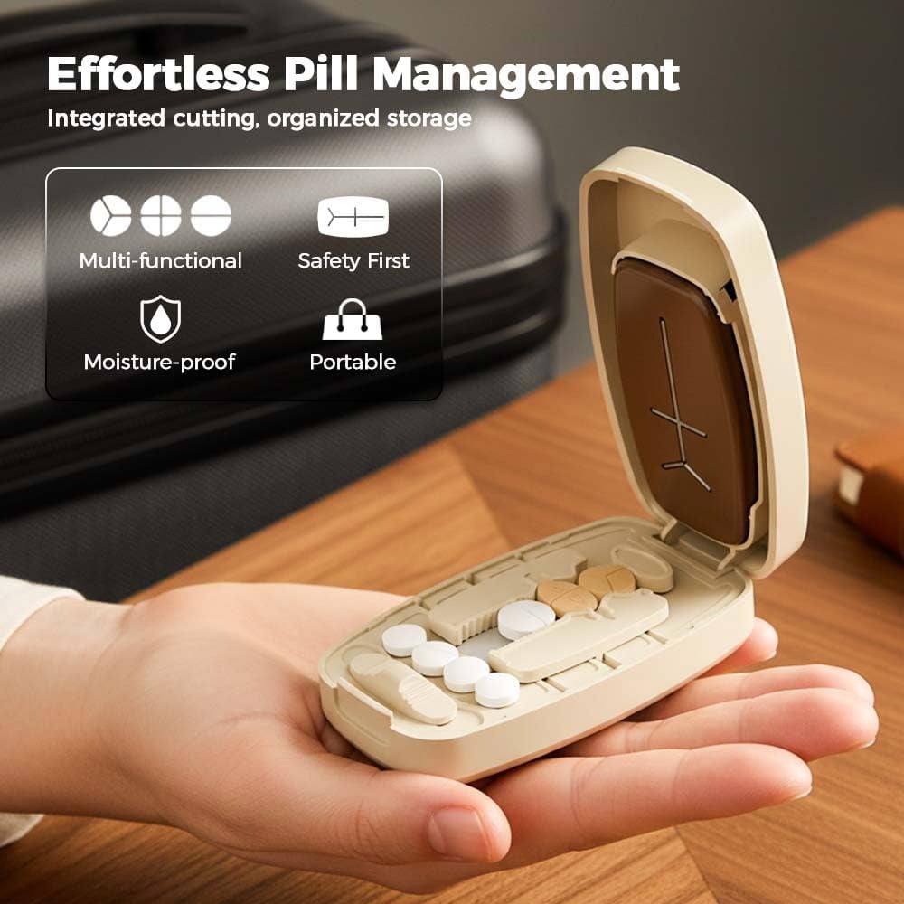 Dual Fixing Clips, Multi-Pill Cutting, Adjustable Slot Pill Cutter - Fits Small/Large Pills, Vitamins, Oval/Long Tablets | 1/2, 1/3, 1/4 Even Splitting, Precision Split, Hidden Sharp Blade C