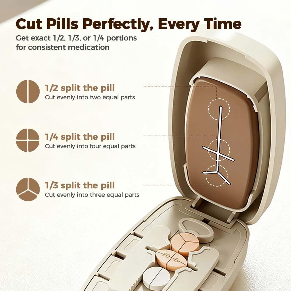 Dual Fixing Clips, Multi-Pill Cutting, Adjustable Slot Pill Cutter - Fits Small/Large Pills, Vitamins, Oval/Long Tablets | 1/2, 1/3, 1/4 Even Splitting, Precision Split, Hidden Sharp Blade C