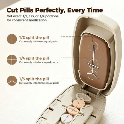 Dual Fixing Clips, Multi-Pill Cutting, Adjustable Slot Pill Cutter - Fits Small/Large Pills, Vitamins, Oval/Long Tablets | 1/2, 1/3, 1/4 Even Splitting, Precision Split, Hidden Sharp Blade C
