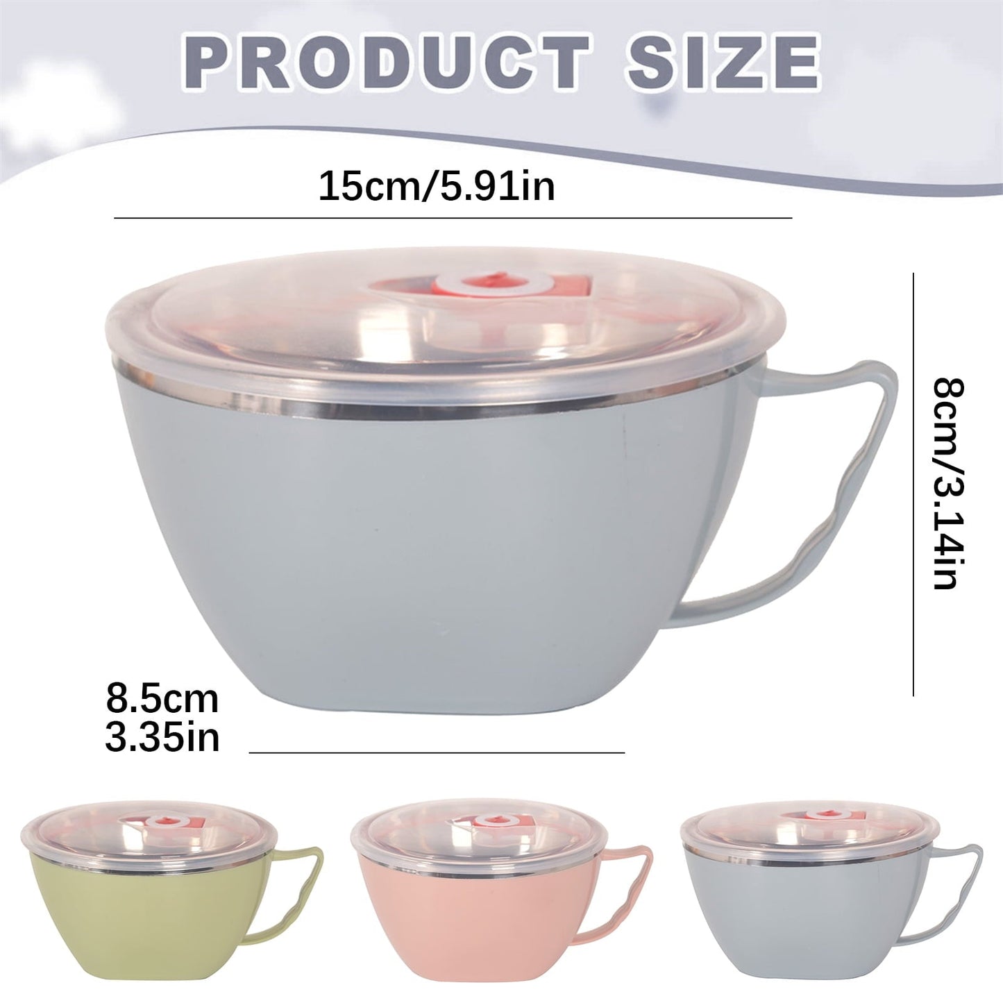 Plastic Soup Bowls with Handles, Microwave Safe Bowl with Lid, Microwavable Soup Mug with Lid, Large Soup Cups for Ramen Noodle Cereal, 1 Pcs, 5.91x3.14 5.91" x 3.14" Green