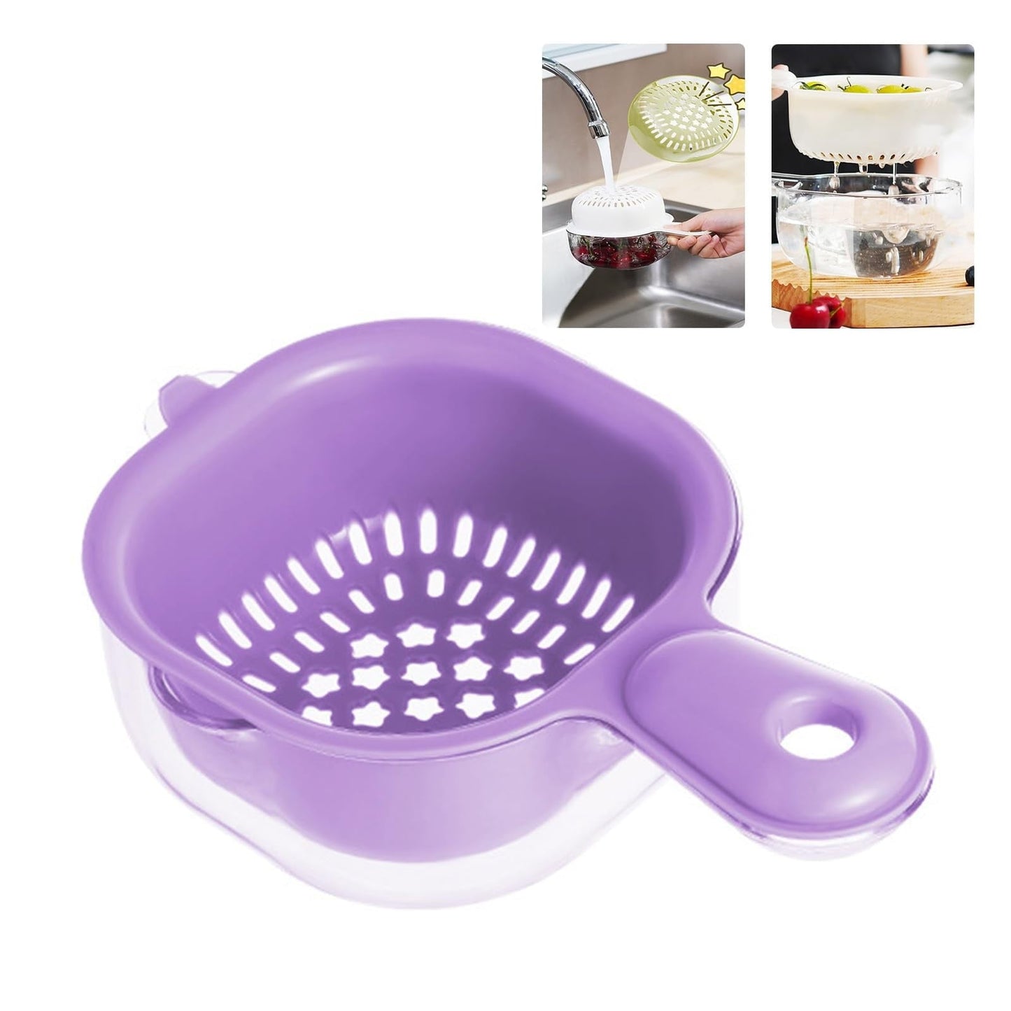 Small Fruit Colander, Fruit Rinser Strainer Container Dual-Layer Vegetable Cutting And Draining Basket, Watermelon Bowl With Strainer For Mini Berry And Tomato Grape Washer, 1 Pcs, 7.67x4.72 7.67" x 4.72" White