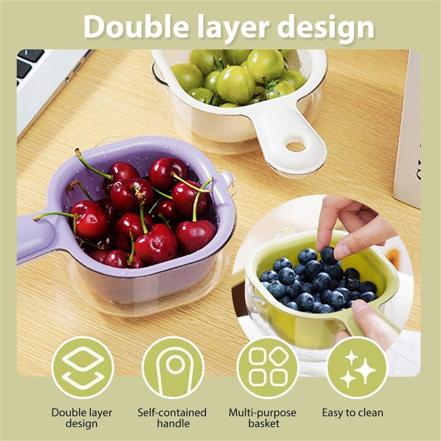 Small Fruit Colander, Fruit Rinser Strainer Container Dual-Layer Vegetable Cutting And Draining Basket, Watermelon Bowl With Strainer For Mini Berry And Tomato Grape Washer, 1 Pcs, 7.67x4.72 7.67" x 4.72" White