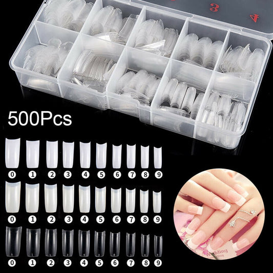 CCMAOLU 500PCS Acrylic Nail Tips,French Style Artificial False Nails for Manicure,DIY Nail Art with Storage Box,10 Sizes,Natural & Clear,Perfect Gift for Nail & Home Use Transparent