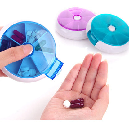 7-Compartment Round Pill Organizer, Portable Plastic Medicine Storage Case with Rotating Dispenser, Compact and Easy-to-Carry Design, Ideal for Daily Vitamins, Travel, and Home Use