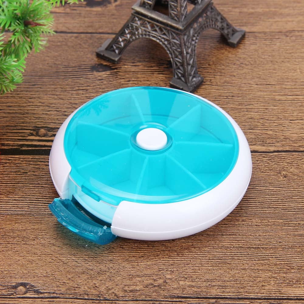 7-Compartment Round Pill Organizer, Portable Plastic Medicine Storage Case with Rotating Dispenser, Compact and Easy-to-Carry Design, Ideal for Daily Vitamins, Travel, and Home Use