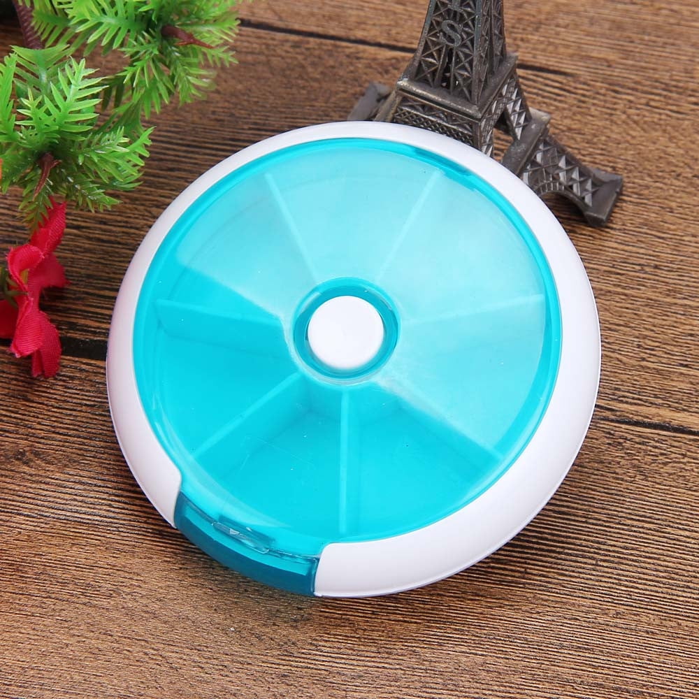 7-Compartment Round Pill Organizer, Portable Plastic Medicine Storage Case with Rotating Dispenser, Compact and Easy-to-Carry Design, Ideal for Daily Vitamins, Travel, and Home Use