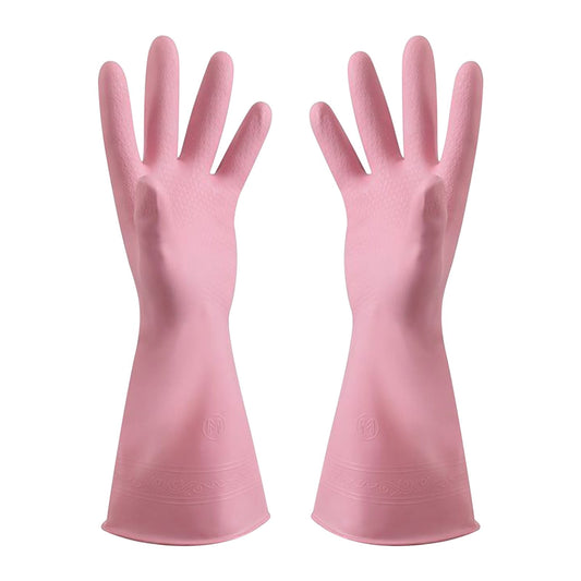 Reusable Household Dishwashing Cleaning Gloves, Food-Grade Natural Rubber with Non-Slip Textured Grip, Long Length for Hand and Arm Protection, Ideal for Kitchen, Gardening, and Janitorial Tasks Pink L