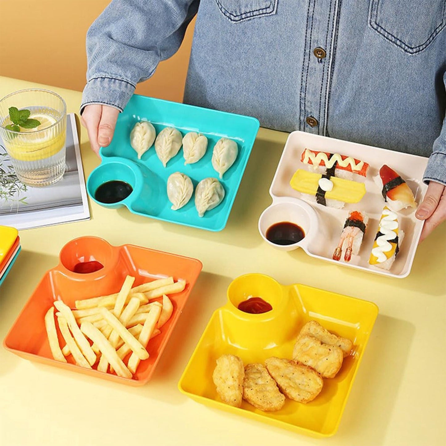 Chip Dip Serving Platter, Plastic Dumpling Plates with Sauce Compartment, Square Serving Dish Sushi Plates, Small Dip Tray for Appetizer, Taco Salsa, Fruit, Charcuterie, 1 Pcs, 7.28x7.2x1.6 7.28" x 7.2" x 1.6" Yellow