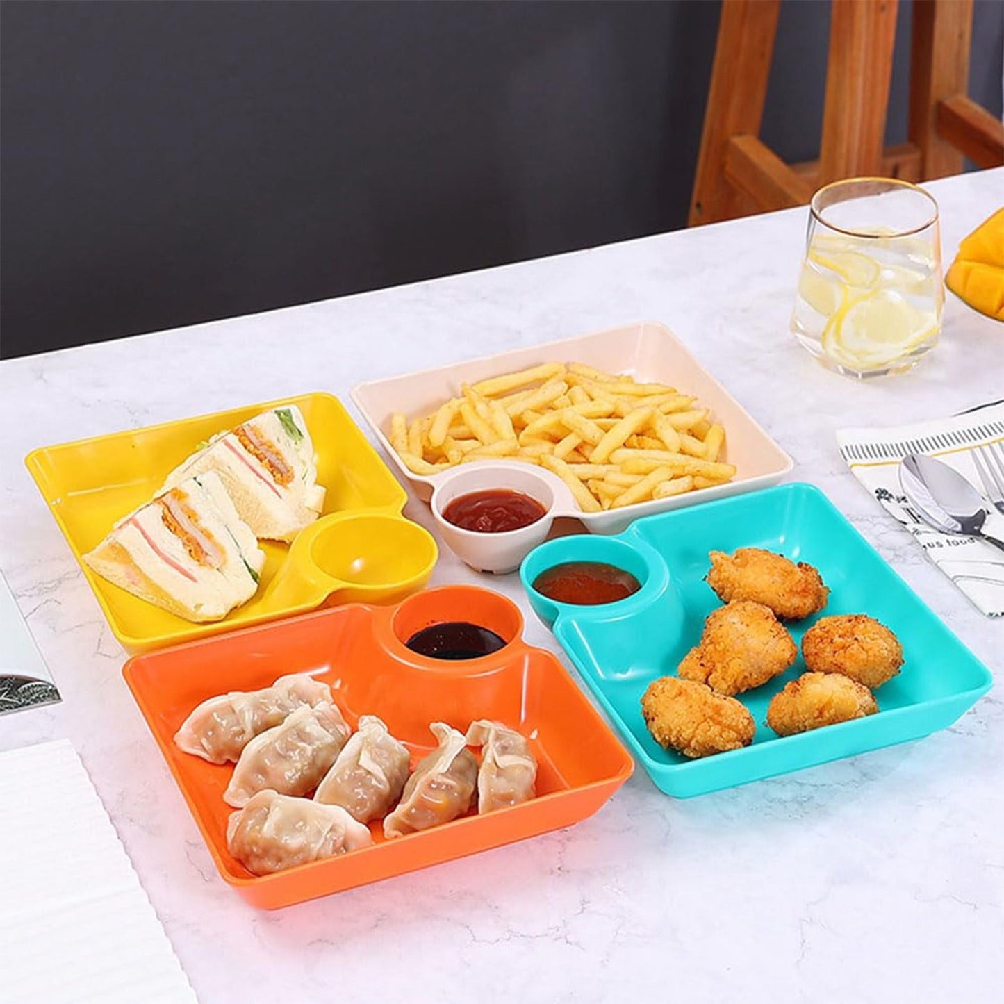 Chip Dip Serving Platter, Plastic Dumpling Plates with Sauce Compartment, Square Serving Dish Sushi Plates, Small Dip Tray for Appetizer, Taco Salsa, Fruit, Charcuterie, 1 Pcs, 7.28x7.2x1.6 7.28" x 7.2" x 1.6" Yellow