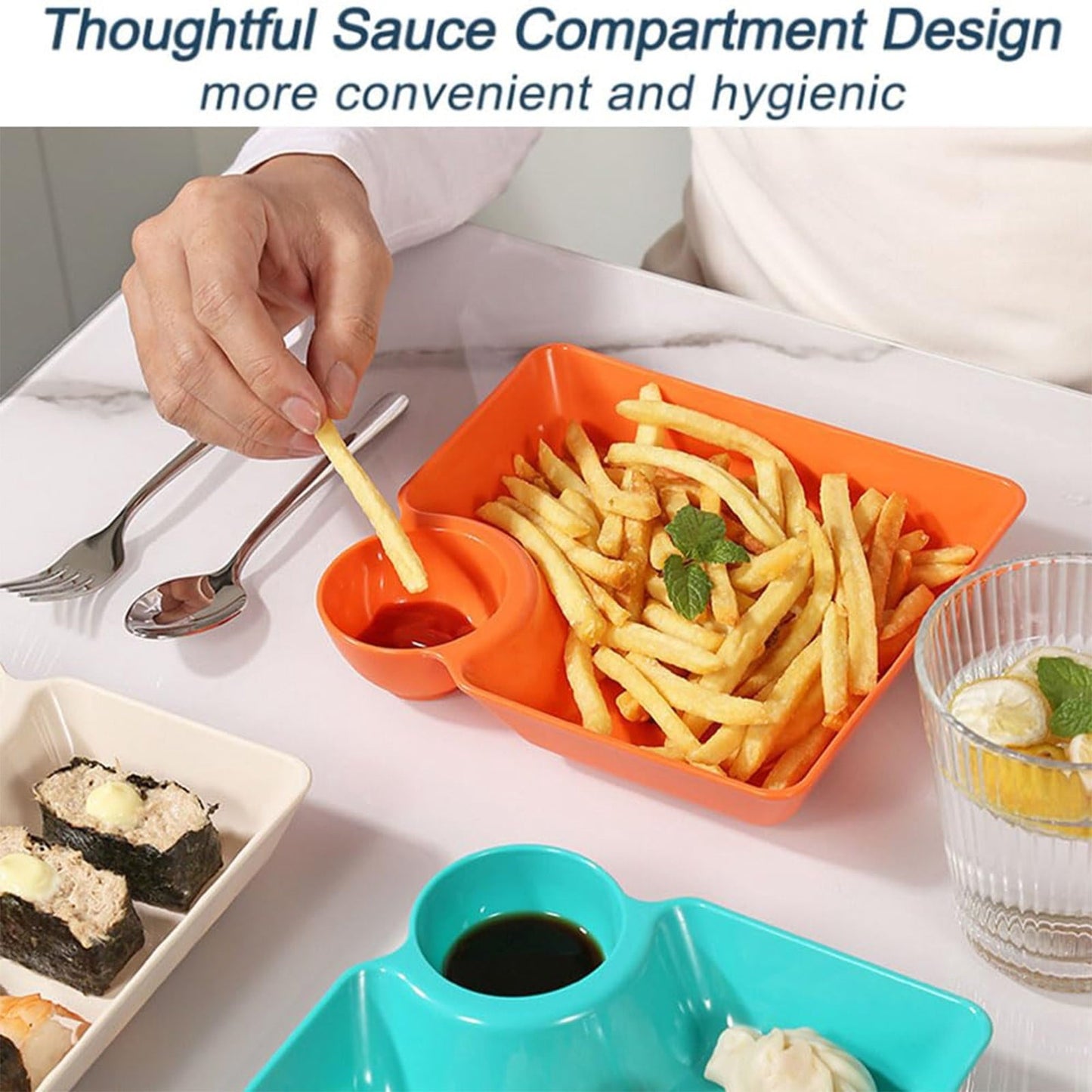 Chip Dip Serving Platter, Plastic Dumpling Plates with Sauce Compartment, Square Serving Dish Sushi Plates, Small Dip Tray for Appetizer, Taco Salsa, Fruit, Charcuterie, 1 Pcs, 7.28x7.2x1.6 7.28" x 7.2" x 1.6" Yellow