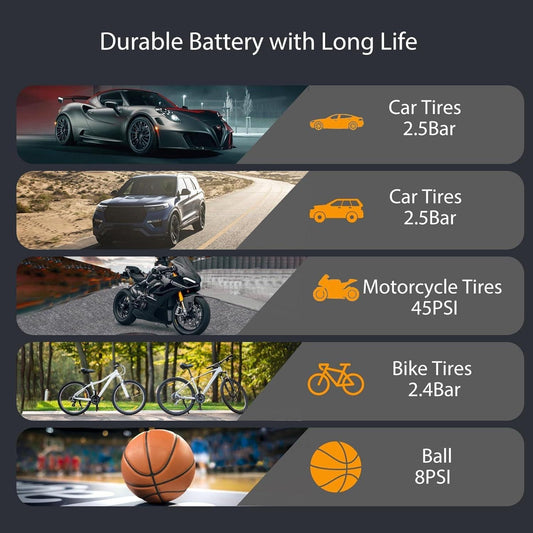Bicycle pump - Portable digital air pump for cars, handy and wirelessly rechargeable, suitable for motorcycles, bicycles, boats and car tires..