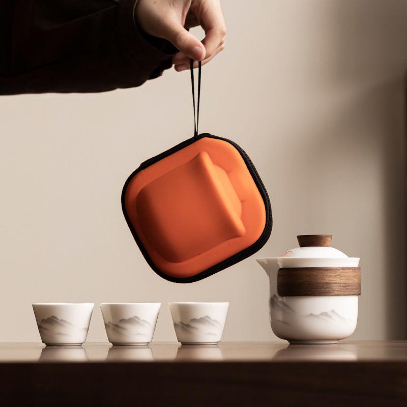 Travel Tea Set - Tea Set - Teapot - Teacups - Ceramic - Kung Fu - Camping - Outdoor - Travel - Including Travel Bag - 4 Pieces - Gift - White.