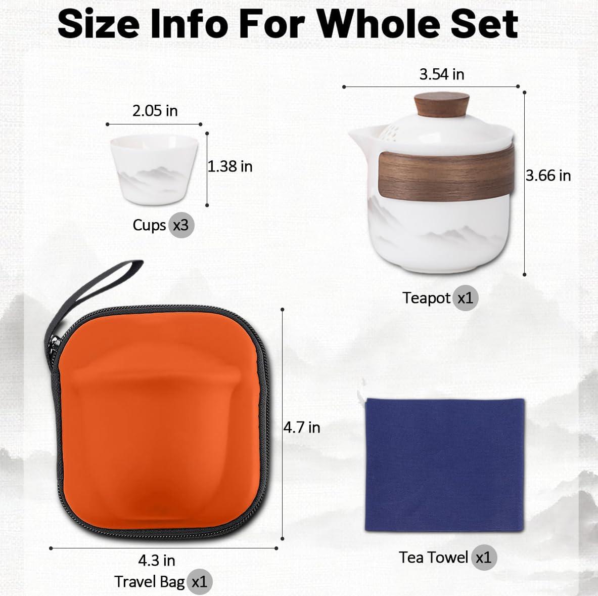 Travel Tea Set - Tea Set - Teapot - Teacups - Ceramic - Kung Fu - Camping - Outdoor - Travel - Including Travel Bag - 4 Pieces - Gift - White.