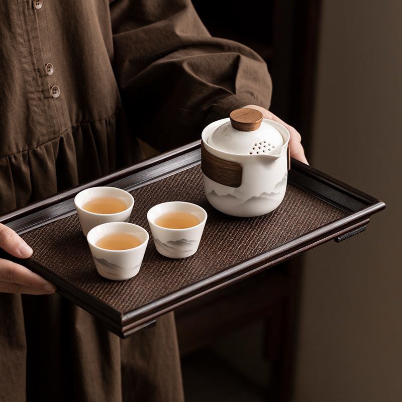 Travel Tea Set - Tea Set - Teapot - Teacups - Ceramic - Kung Fu - Camping - Outdoor - Travel - Including Travel Bag - 4 Pieces - Gift - White.