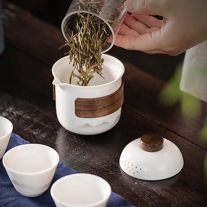 Travel Tea Set - Tea Set - Teapot - Teacups - Ceramic - Kung Fu - Camping - Outdoor - Travel - Including Travel Bag - 4 Pieces - Gift - White.