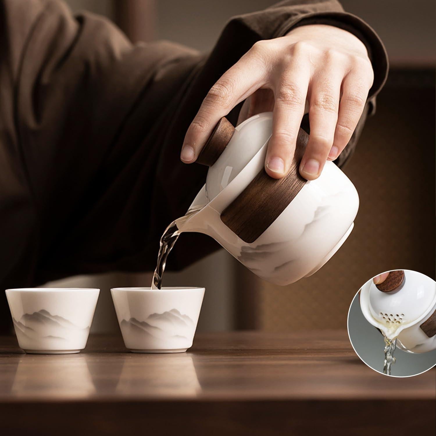 Travel Tea Set - Tea Set - Teapot - Teacups - Ceramic - Kung Fu - Camping - Outdoor - Travel - Including Travel Bag - 4 Pieces - Gift - White.