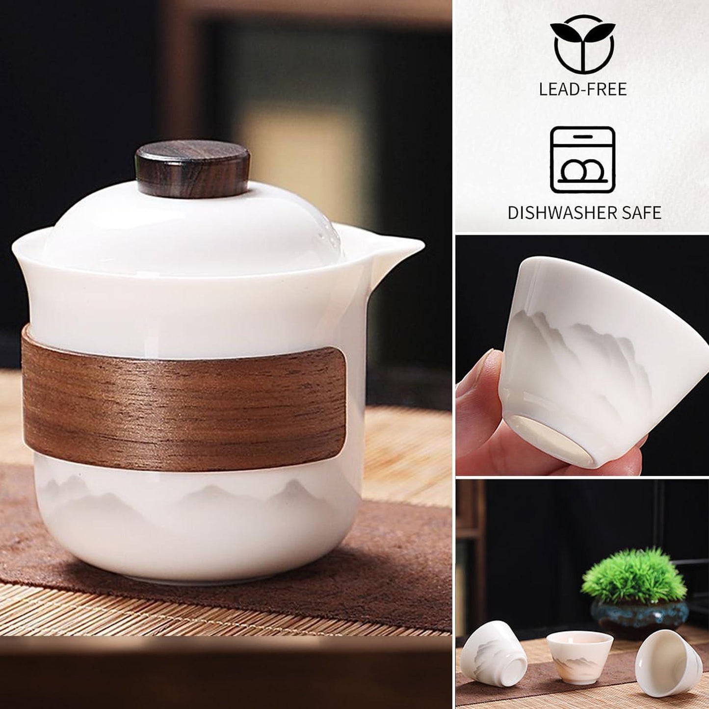 Travel Tea Set - Tea Set - Teapot - Teacups - Ceramic - Kung Fu - Camping - Outdoor - Travel - Including Travel Bag - 4 Pieces - Gift - White.