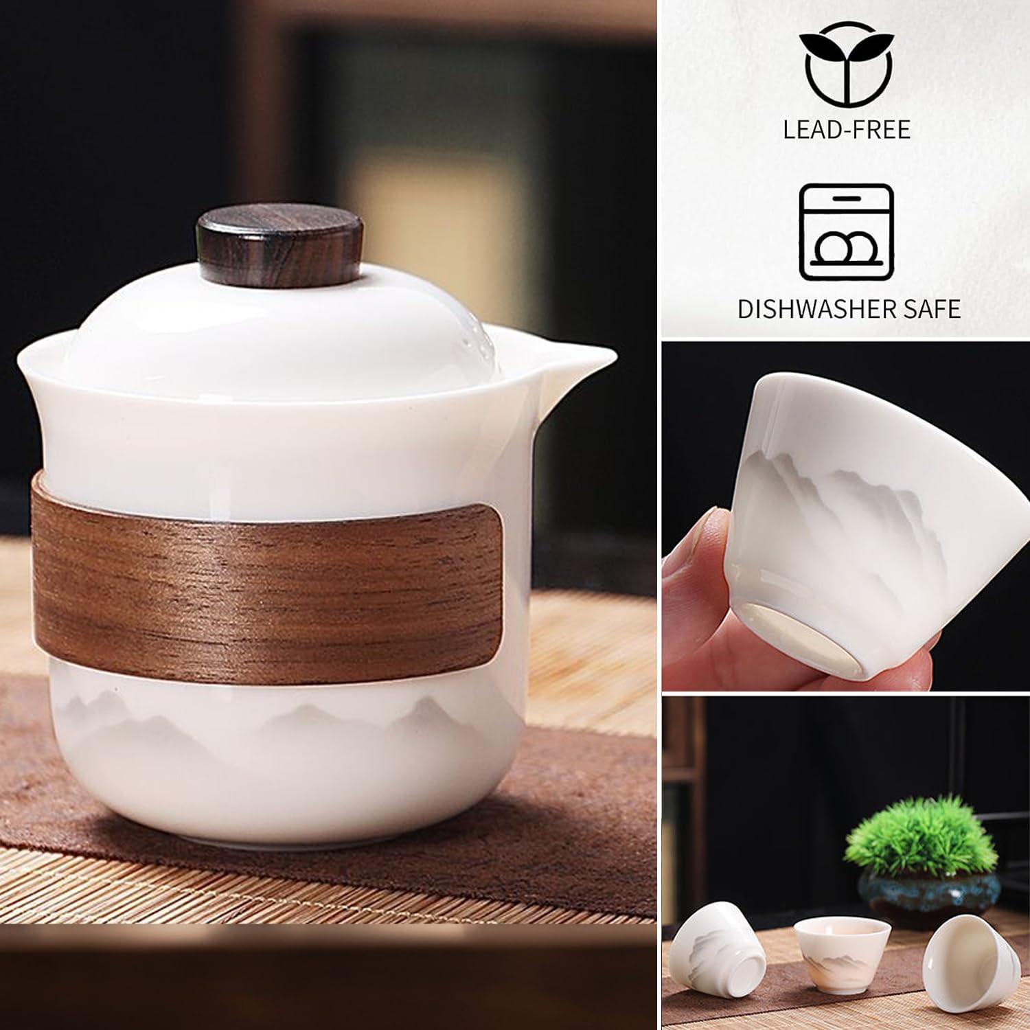 Travel Tea Set - Tea Set - Teapot - Teacups - Ceramic - Kung Fu - Camping - Outdoor - Travel - Including Travel Bag - 4 Pieces - Gift - White.