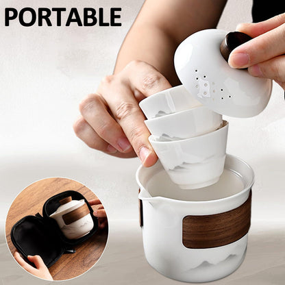 Travel Tea Set - Tea Set - Teapot - Teacups - Ceramic - Kung Fu - Camping - Outdoor - Travel - Including Travel Bag - 4 Pieces - Gift - White.
