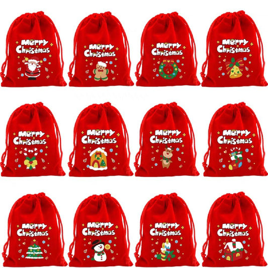 Christmas Gift Bags - Gift Bags - Advent Calendar Bags - Candy Bags - Christmas Packaging - Party Bags - With Drawstring - Reusable - Red - Santa Claus - Snowman - Reindeer - Gift Bags - Christmas Decorations - Holidays - Set of 12